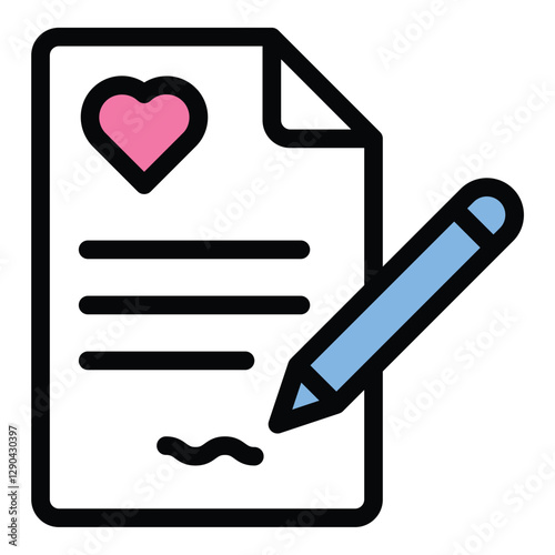 Wedding Contract Icon Marriage Agreement and Commitment in Flat Line Color Style.