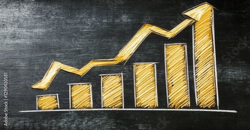 Hand-drawn illustration of a golden bar graph with an upward-pointing arrow, set against a distressed black background. Increase Concept.