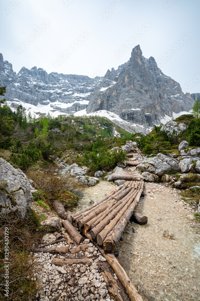 Breathtaking view of forests, mountains, and valleys in the Italian Dolomites (Dolomiti, Dolomiten). Captured from a scenic trail along a rocky ledge. Stunning alpine nature