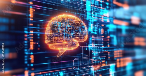 Digital brain illustration. Concept for artificial intelligence, neural networks, machine learning, and future technology. Abstract art.
