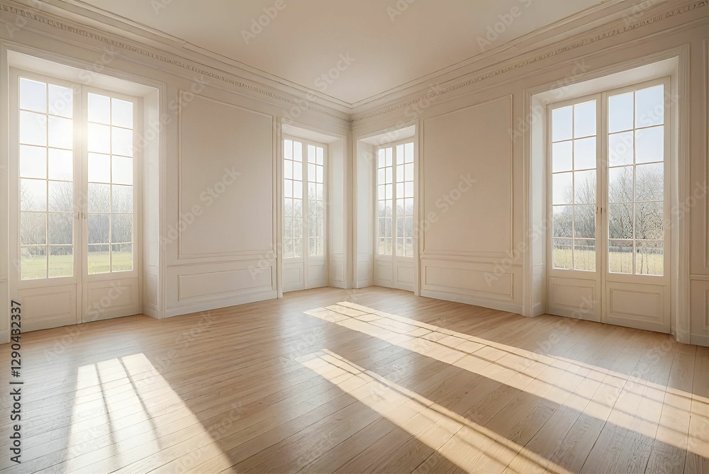 The image depicts an empty, well-lit room with large windows and white trim on the walls. The wooden floor casts long shadows, suggesting the presence of sunlight.
The image depicts an empty, well-lit room with large windows and white trim on the walls. The wooden floor casts long shadows, suggesting the presence of sunlight.