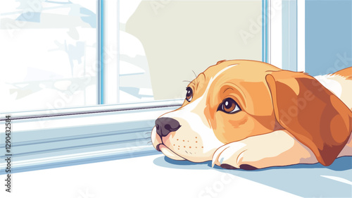 A vector illustration depicting a beagle puppy lying on a windowsill, looking out at a snowy winter scene. The puppy is rendered in a cartoonish style with soft, muted colors.  The