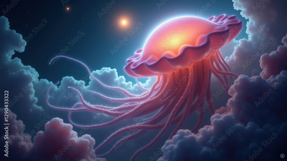 Naklejka premium A vast cosmic nebula resembling an ethereal jellyfish, glowing tendrils of ionized gas drifting through space, pulsars flashing in the distance