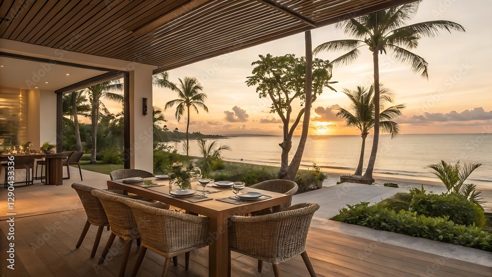 Luxurious outdoor dining area at a beachfront villa with wooden furniture, palm tree and view of sunset on water. Luxurious outdoor dining area at a beachfront villa with wooden furniture, palm tree and view of sunset on water.