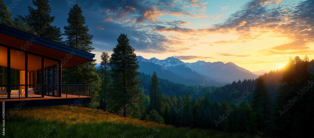 Fototapeta premium Modern luxury mansion with mountain view at sunset, surrounded by trees and nature beauty. serene escape into wilderness, perfect for relaxation and inspiration