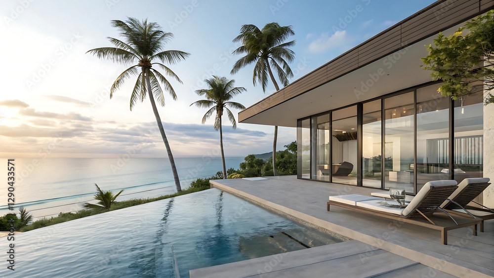 Fototapeta premium Modern home with tropical beach and palm trees.