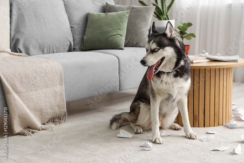 Naughty Husky dog with torn...