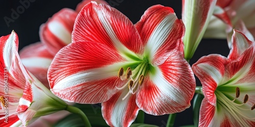 Elegant red and white lilium flowers gracefully arranged with soft green leaves, showcasing intricate petal details and vibrant colors against a dark backdrop.