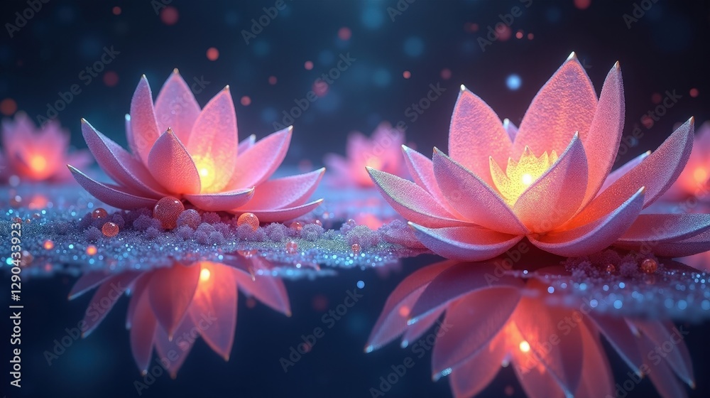 A mesmerizing display of fractal petals glowing with spectral light, abstract waveforms rippling through Magical Realism space, particles dissolving into pure color. A mesmerizing display of fractal petals glowing with spectral light, abstract waveforms rippling through Magical Realism space, particles dissolving into pure color.