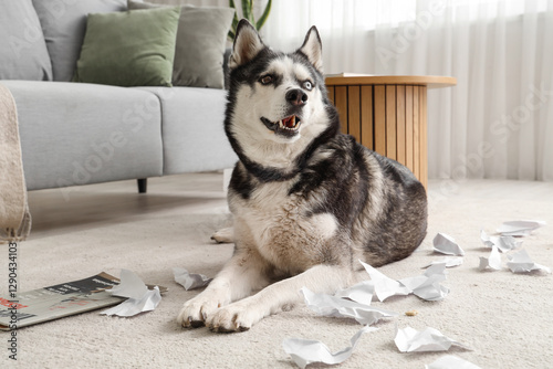 Naughty Husky dog with torn...