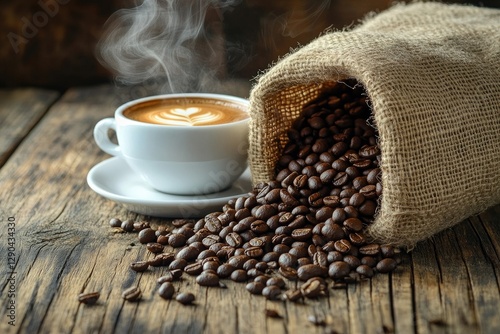 Latte art coffee spilling from burlap sack on rustic wood photo