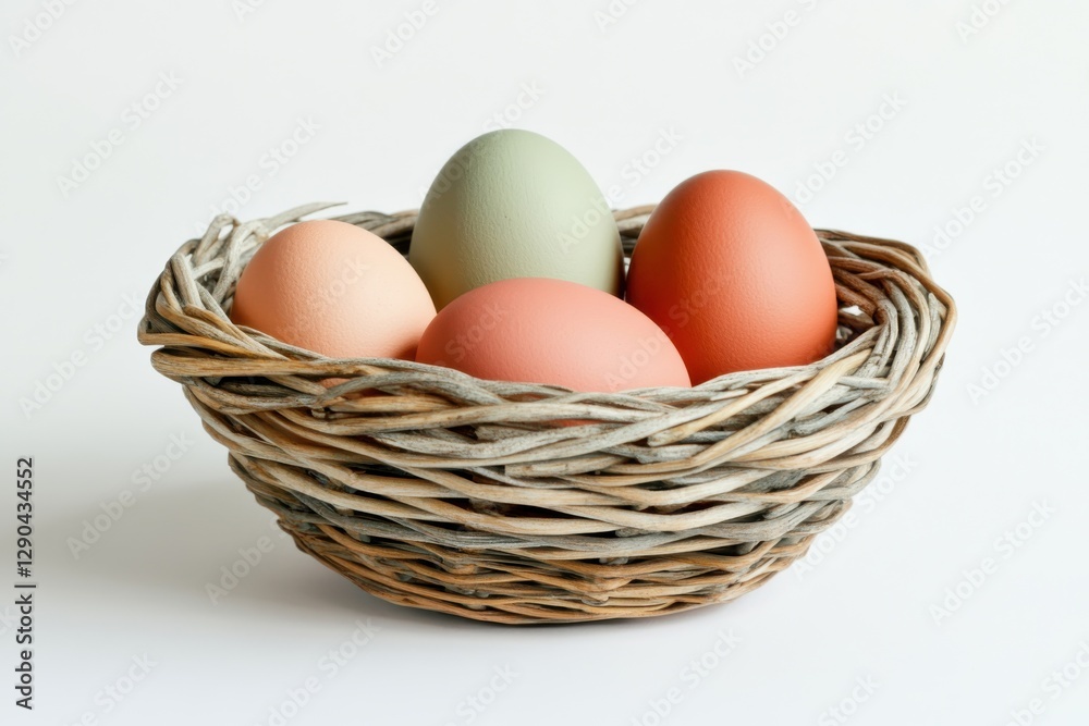 Colorful easter eggs beautifully arranged in a rustic wicker basket on a vibrant white background for festive spring celebrations Colorful easter eggs beautifully arranged in a rustic wicker basket on a vibrant white background for festive spring celebrations