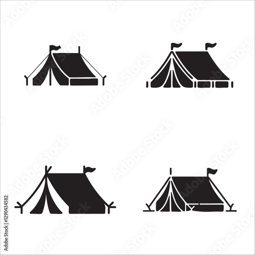 Minimalist Black and White Tent Icon – Simple Camping Tent Illustration with Triangular Structure, Supporting Poles, and Flag for Outdoor Adventure, Hiking, and Travel Design