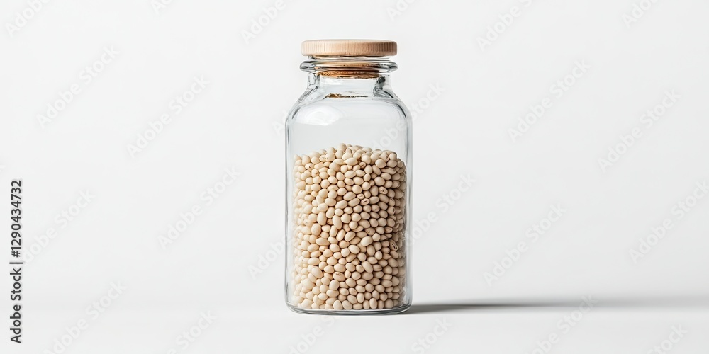 Clear glass bottle filled with white beans positioned centrally against a soft white background, showcasing natural light and minimalistic design. Clear glass bottle filled with white beans positioned centrally against a soft white background, showcasing natural light and minimalistic design.