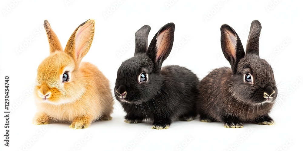 Fototapeta premium Three small rabbits in orange, black, and brown positioned side by side on a white backdrop with ample copy space for versatile use.