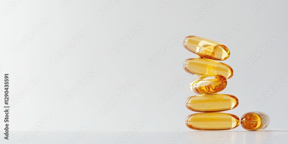 Stack of orange omega 3 capsules positioned vertically on a light gray background with ample white copy space on the left side for text integration