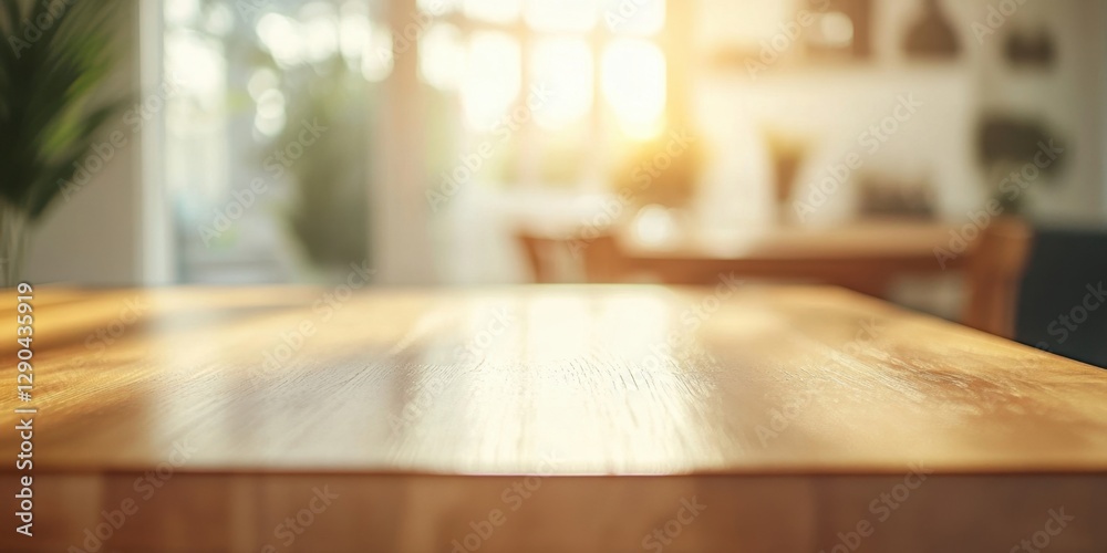 Dining room scene with a polished wooden tabletop in foreground, soft sunlight creating a warm ambience, blurred background of cozy furniture and greenery. Dining room scene with a polished wooden tabletop in foreground, soft sunlight creating a warm ambience, blurred background of cozy furniture and greenery.