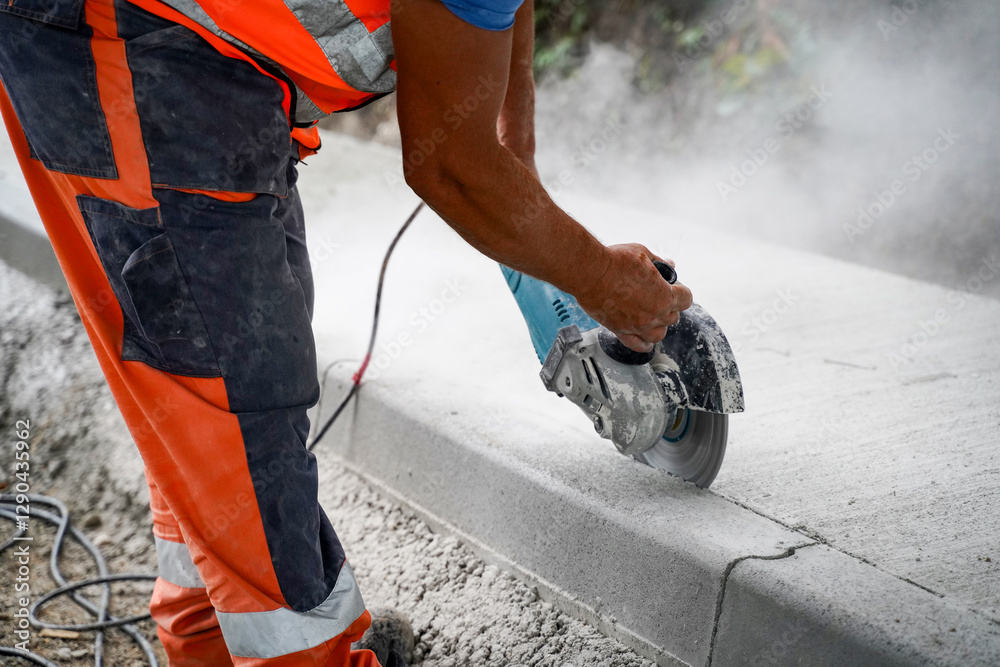 Close-up Worker cutting groove between concrete and road curbs with smoke at highway construction site with big circular saw Close-up Worker cutting groove between concrete and road curbs with smoke at highway construction site with big circular saw
