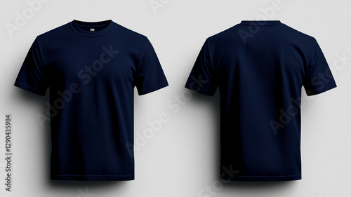 Navy blue t shirt mockup showcasing front and back views, perfect for apparel design. Ideal for branding and promotional purposes, this template highlights simplicity and versatility