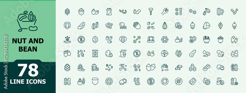 Set of nut and bean line icons. Containing seeds, bean, nut, cashew, hazelnut, snack and more. Minimalist editable vector stroke. Outline icon. Vector illustration in modern line style.