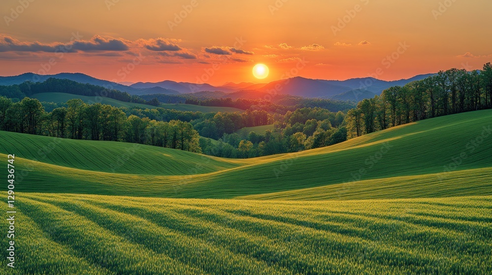 Obraz premium Sunset over rolling hills, green fields
