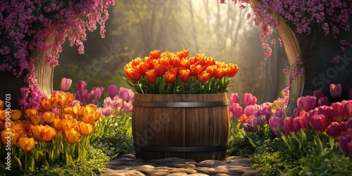 Wallpaper Mural Vibrant tulip bouquet in a wooden barrel surrounded by blooming orange and pink flowers under dappled sunlight in a serene garden setting Torontodigital.ca