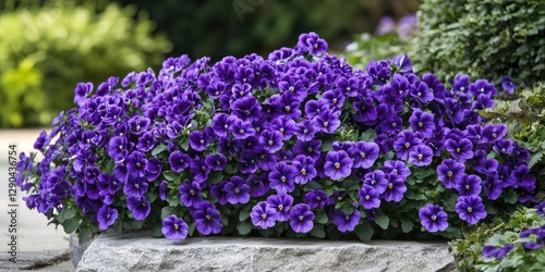 Vibrant purple pansies cascading over a stone border with lush green leaves in a sunny garden setting creating a serene natural atmosphere