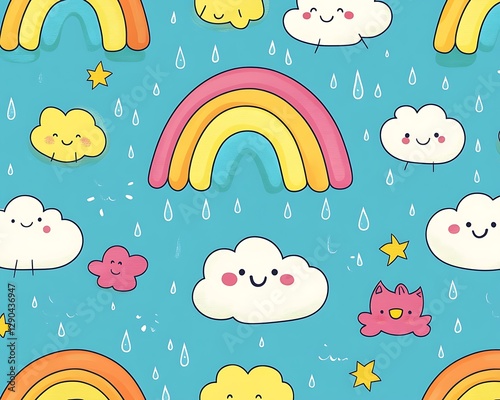 Cute rainbow clouds rain pattern background