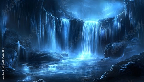 Frozen waterfall cave, mystical blue glow photo