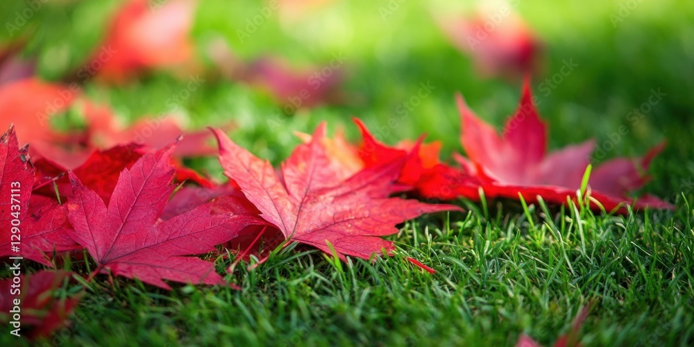Vibrant red maple leaves scattered on lush green grass with sunlight highlighting their vivid colors creating a beautiful autumn scene