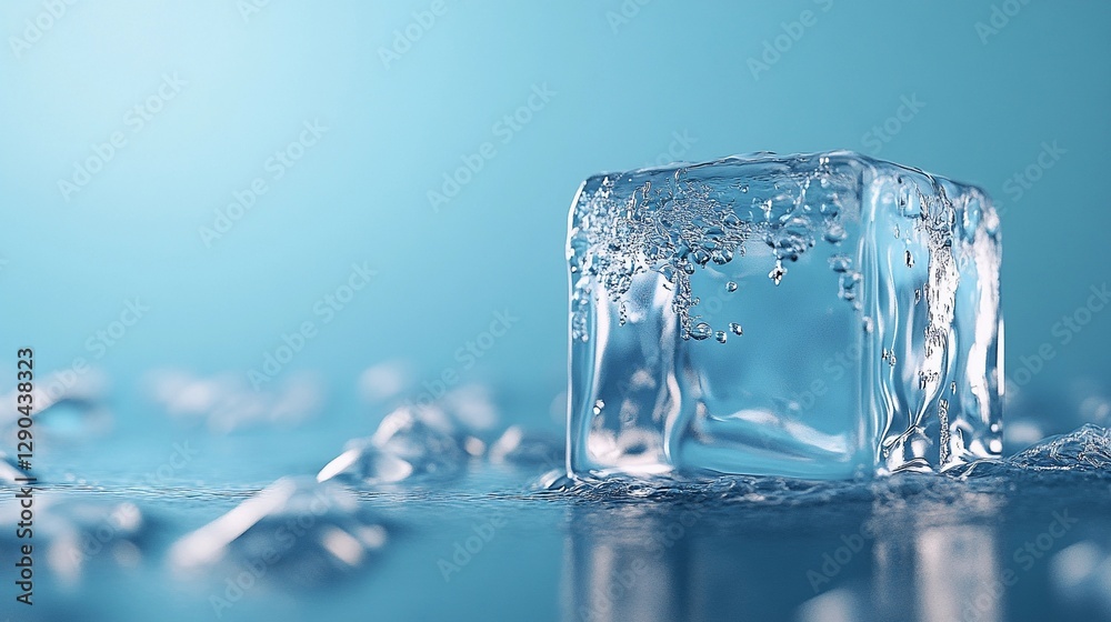 Crystal-clear ice cube with visible melting droplets, highlighting freshness and purity, perfect for beverage-related designs and cold drink concepts, comic book style Crystal-clear ice cube with visible melting droplets, highlighting freshness and purity, perfect for beverage-related designs and cold drink concepts, comic book style