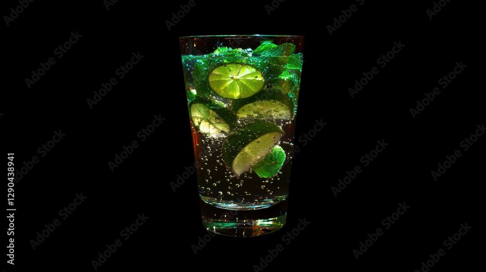 A mojito cocktail with fresh lime slices, mint leaves, and crushed ice, served in a tall glass with condensation