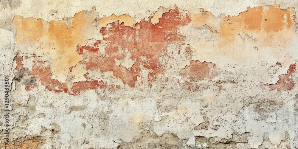 Obraz premium Textured weathered wall with peeling orange and red paint over a cream base, featuring abstract patterns and a vintage aesthetic.