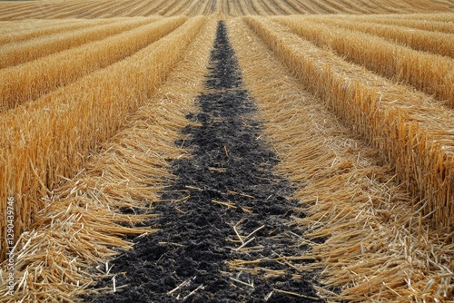 Harvested wheat field with freshly tilled row