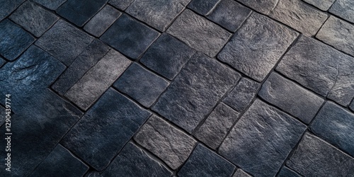 Dark textured stone floor mat with irregular rectangular tiles arranged in a random pattern, showcasing shades of gray and black with a matte finish.