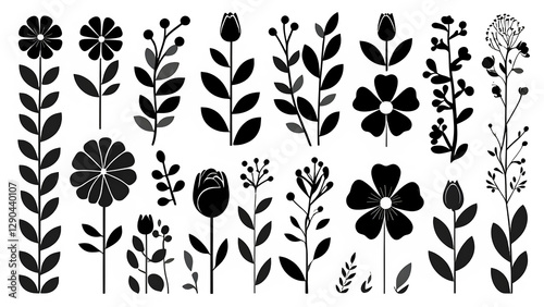 Black flower vector set feature abstract floral design silhouettes, and geometric patterns. Ideal for decoration, logos, and design projects. Includes minimalist botanical elements for creative illust