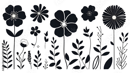 Black flower vector set feature abstract floral design silhouettes, and geometric patterns. Ideal for decoration, logos, and design projects. Includes minimalist botanical elements for creative illust