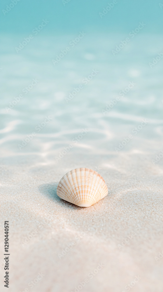 White mollusk shell on the bottom of a transparent ocean or blue sea. Vertical template design for advertising tourism, vacation and travel to the sea with space for text White mollusk shell on the bottom of a transparent ocean or blue sea. Vertical template design for advertising tourism, vacation and travel to the sea with space for text