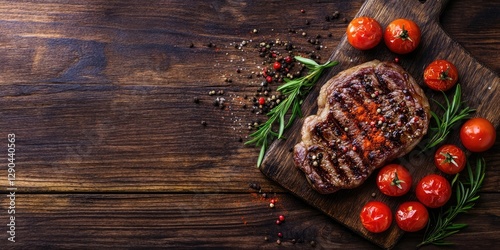 Grilled cowboy beef steak seasonally garnished with fresh tomatoes and rosemary on a rustic wooden board accentuated with spices and ample copy space