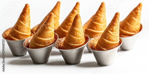 Golden pastry cones filled with a creamy treat arranged in silver cups on a light background, creating an inviting dessert display.