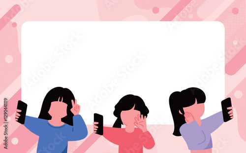 z世代・10代高校生の自撮りしている三人のスマホセルフィーのタイトルフレーム_sns・動画配信イメージ