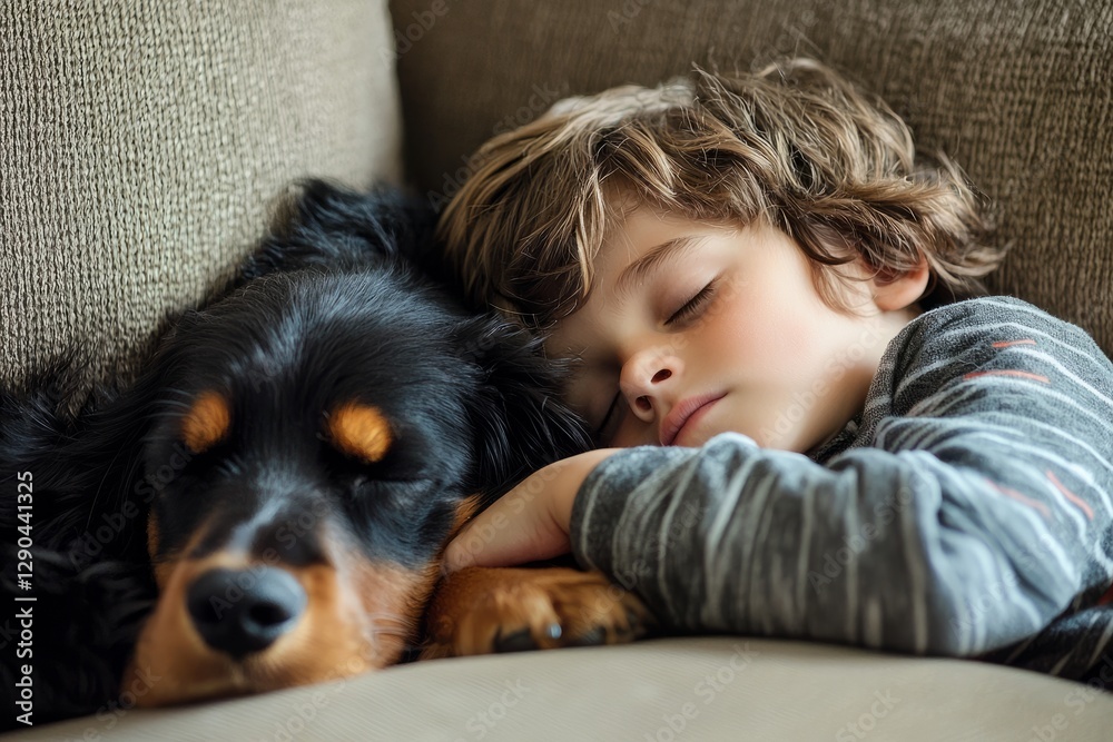 A little boy falls asleep on the couch with his dog curled up beside him, Their peaceful breathing fills the quiet room, Generative AI A little boy falls asleep on the couch with his dog curled up beside him, Their peaceful breathing fills the quiet room, Generative AI
