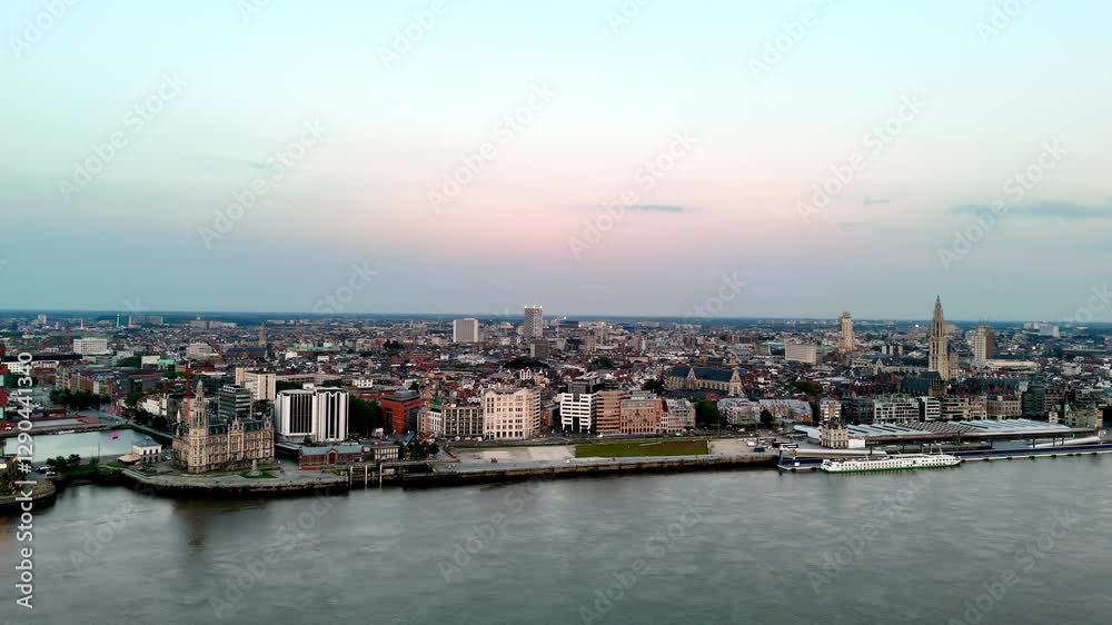 Panoramic Vista of the Cityscape at Dusk Twilight over Antwerp Cathedral of Our Lady Panoramic Vista of the Cityscape at Dusk Twilight over Antwerp Cathedral of Our Lady