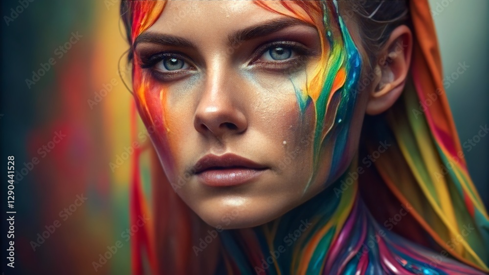 Obraz premium Abstract Human Portrait with Vibrant Paint Textures – Emotional Depth and Surreal Colors in a Futuristic Artistic Representation