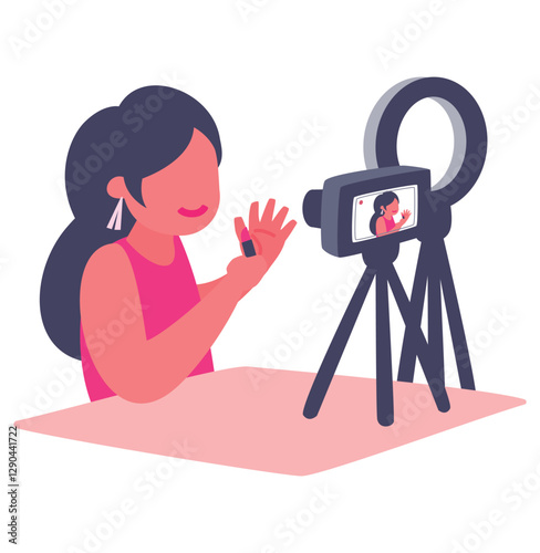 人気女性配信者がカメラ前でメイク動画を撮影中_インフルエンサーの配信舞台裏イラスト