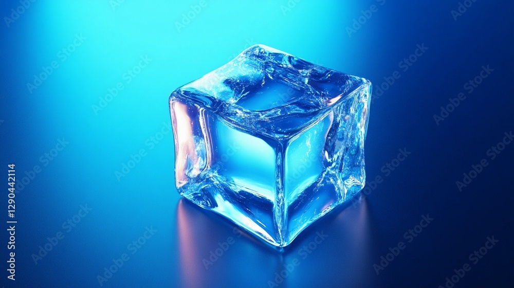 Transparent ice cube with smooth edges and detailed reflections, isolated on a white background, creating a crisp, modern composition for cooling concepts, book illustration style Transparent ice cube with smooth edges and detailed reflections, isolated on a white background, creating a crisp, modern composition for cooling concepts, book illustration style