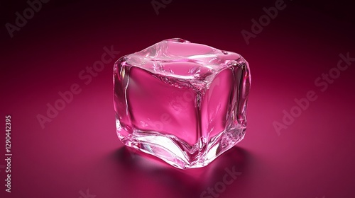 Transparent ice cube with smooth edges and detailed reflections, isolated on a white background, creating a crisp, modern composition for cooling concepts, book illustration style