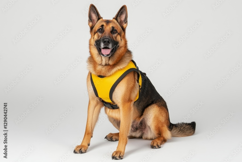 Safety First: German Shepherd in Construction Harness Isolated on White Background Safety First: German Shepherd in Construction Harness Isolated on White Background