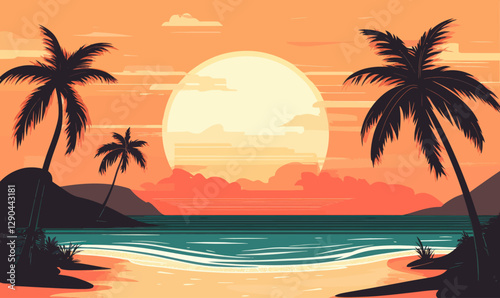 Tropical Beach Sunset with Palm Trees and Waves in Minimalist Vector Art