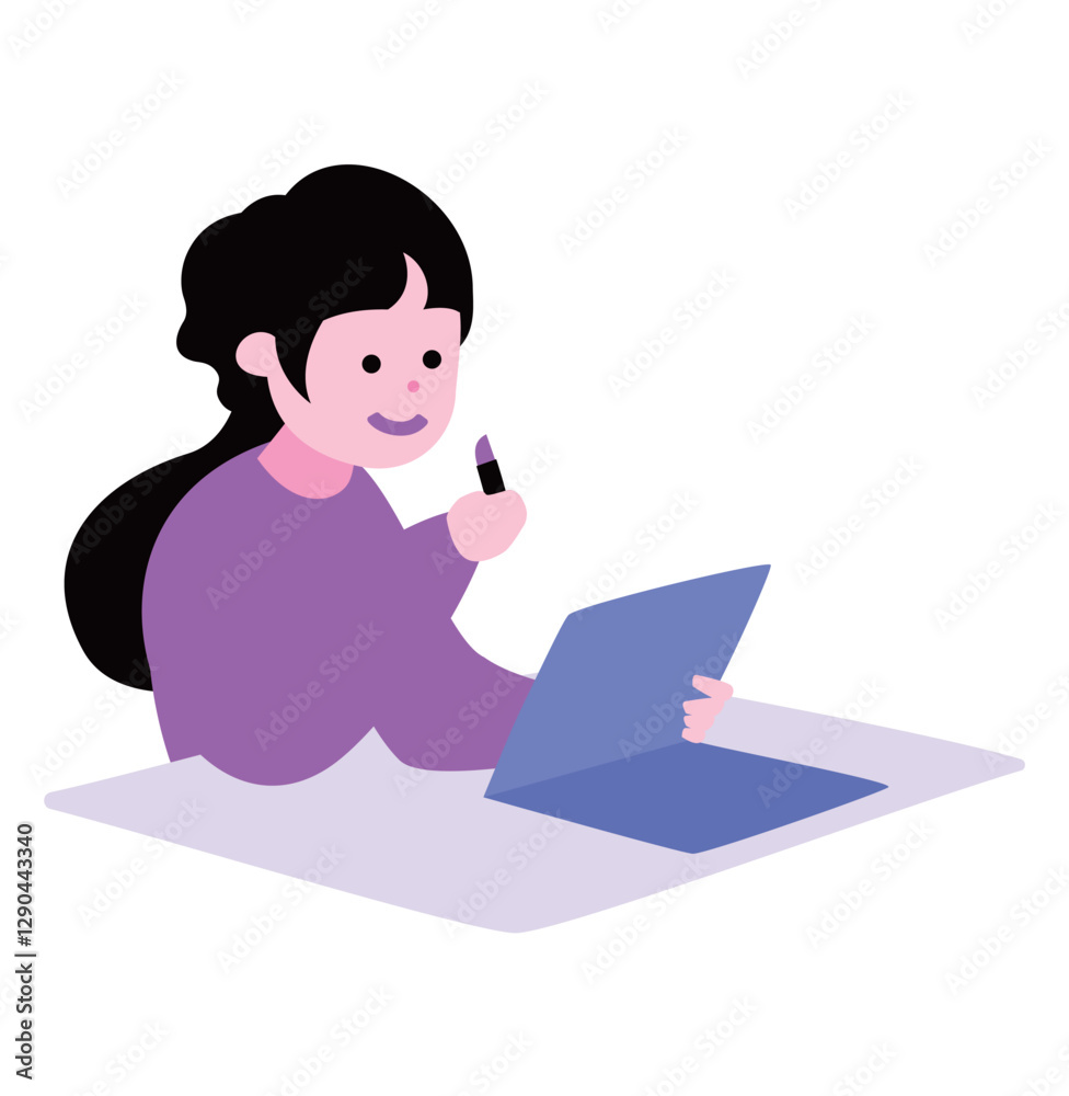 メイクアップ・化粧をする日本人女性の俯瞰イラスト_メイク中・メイク直し・メイクアップアーティスト メイクアップ・化粧をする日本人女性の俯瞰イラスト_メイク中・メイク直し・メイクアップアーティスト